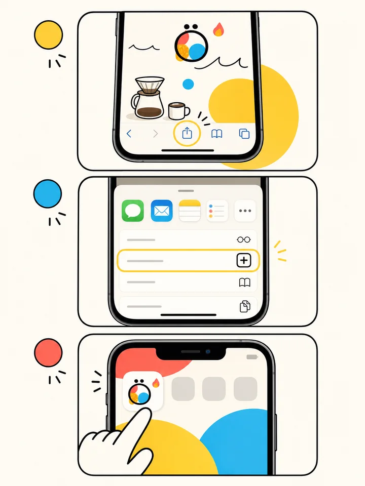 iPhone Safari 安裝日日好咖 App 圖解：點分享、選加入主畫面，再從主畫面開啟日日好咖